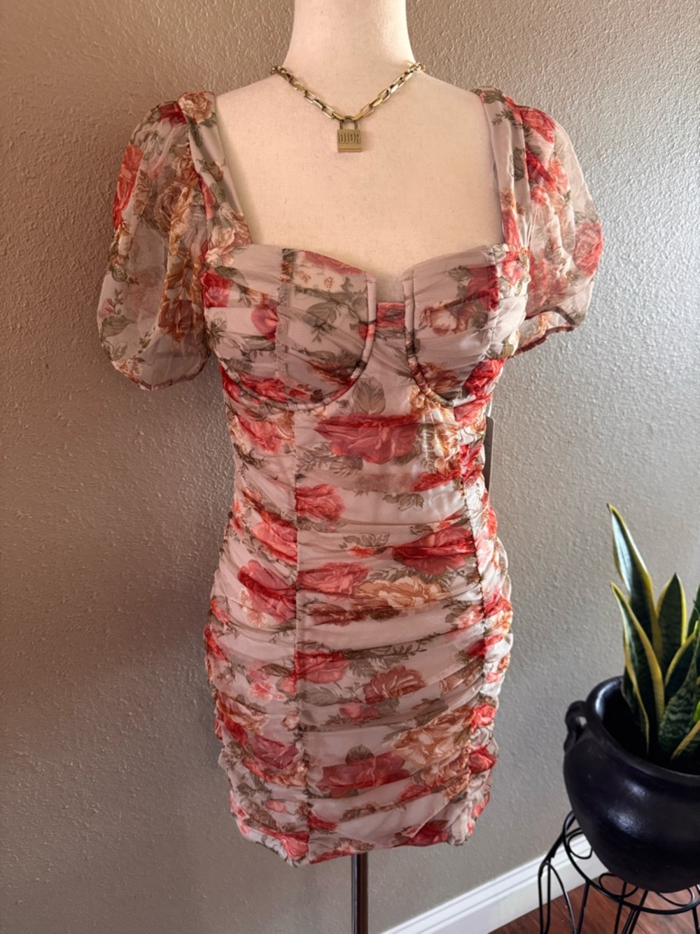 Floral Ruched Puff Sleeve Mini Dress - Pink/Cream